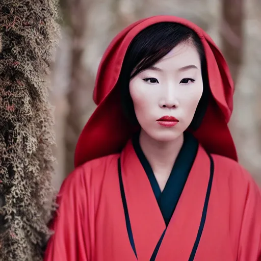 Image similar to portrait photograph of an elegant ginger Asian woman wearing a black kimono in the Arctic. super resolution. 85 mm f1.8 lens.bokeh.graflex. Alessio albi