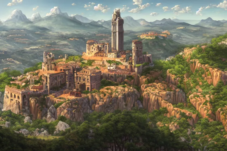 Prompt: an ultra detailed matte landscape painting of an extremely tall and strong young man with short brown hair standing on a cliff overlooking a medieval capital built on top of many hills, italian renaissance architecture, ultrawide lense, aerial photography, 8 k, volumetric lighting, smooth, highly detailed, digital illustration, art by kentaro miura and akira toriyama and artgerm