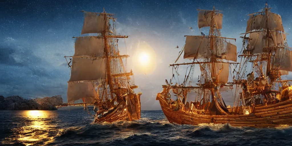 Prompt: a pirate ship sailing to tortuga at night, high detail, high definition, photorealistic, 8k