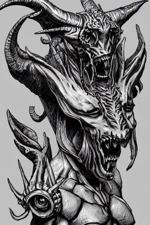 Image similar to humanoid figure monster with goat horns, highly detailed, digital art, sharp focus, trending on art station, kentaro miura manga art style