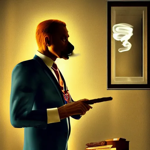 Image similar to a dog wearing a business suit smoking a cigar, dramatic lighting, cinematic, establishing shot, extremly high detail, photorealistic, cinematic lighting, concept art, artstation, style by greg rutkowsky