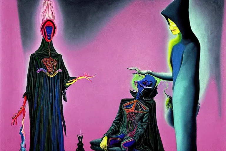 Image similar to a masterpiece painting in the laboratory of a technomancer wizard, in dazzle camouflaged robes, pointed hoods, he discusses sentience with his al djinn by remedios varo and anato finnstark and greg rutkowski and andy warhol and francis picabia. dayglo pink blue, prismatic, pearlescent, raven black, glowing, hyperrealism, trending on artstation