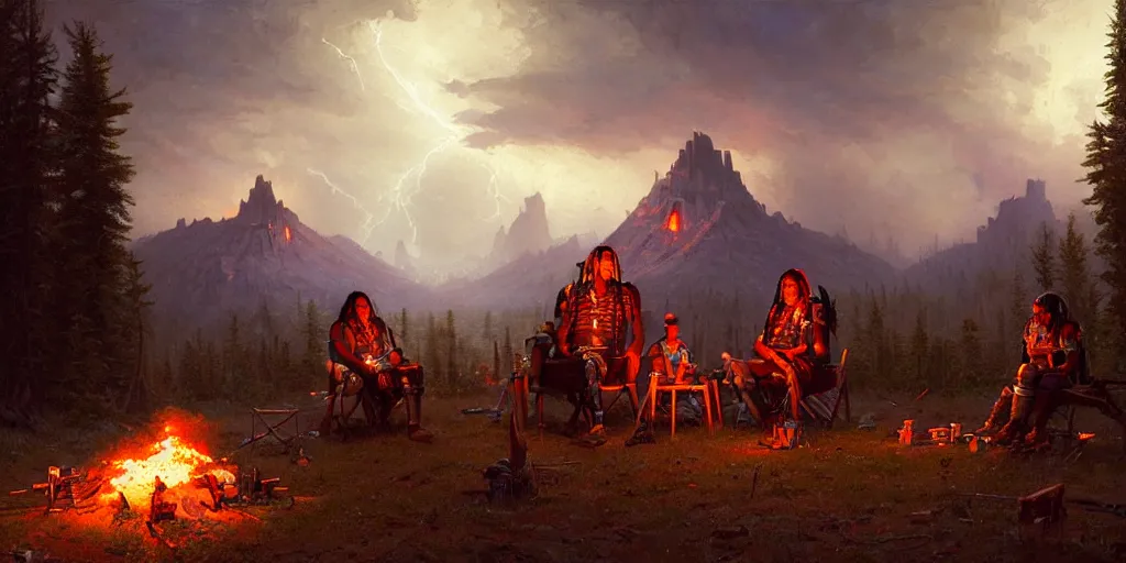 Image similar to an old native american and some cyborgs roboters sitting together at a fire in front of one tipi, beatiful mountain background, cyberpunk, tech wear, by albert bierstadt, by greg rutkowski, highly detailed, warm lightning, digital painting