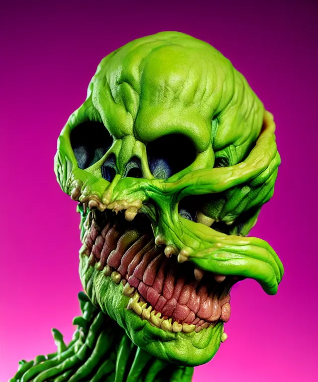 Image similar to hyperrealistic rendering, cronenberg flesh monster skeletor by art of skinner and richard corben and jeff easley, product photography, action figure, sofubi, studio lighting, colored gels