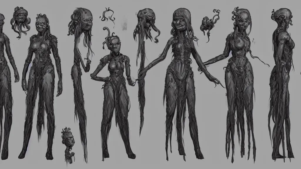 Image similar to character sheet for a stocky extraterrestrial female servant maid with thick tentacles for hair, long dress with apron, star wars, farscape, impact by craig mullins, by studio ghibli, digital art, trending on artstation, hd, 8 k, highly detailed, good lighting, beautiful, masterpiece