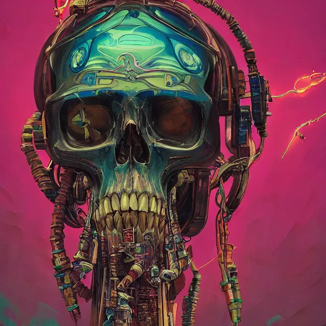 Image similar to a beautiful painting of a ( ( cyberpunk ) ) skull by simon stalenhag and pascal blanche and alphonse mucha! and nekro!. in style of digital art. colorful comic, film noirs!, symmetry, hyper detailed. octane render. trending on artstation