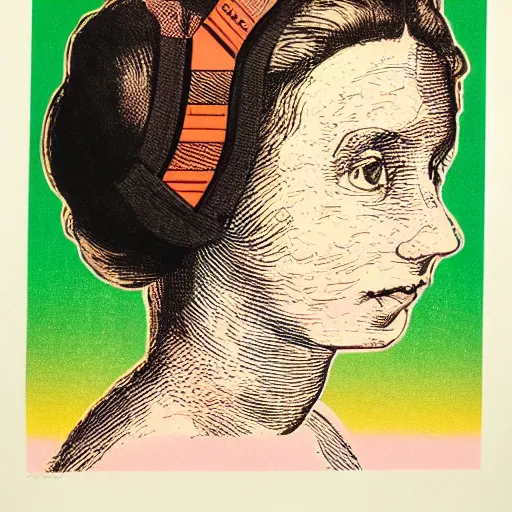 Prompt: cmyk risograph print instructive portrait of a lady 2 8 years old, with binoculars