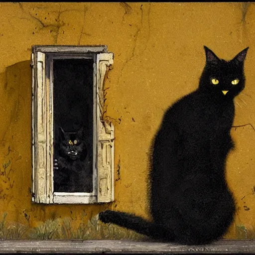 Image similar to a giant black cat with yellow eyes looking at a sleeping blonde girl througha window, Greg Rutkowski, detailed