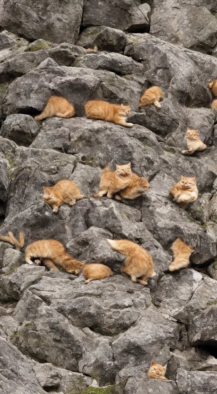 Image similar to fat cats tumbling off a mountain