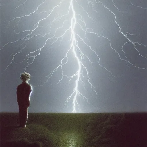 Prompt: killua zoldyck made by zdzisław beksinski, thunderstorm, 8 k, detailed, cinematic, rain, crying, black