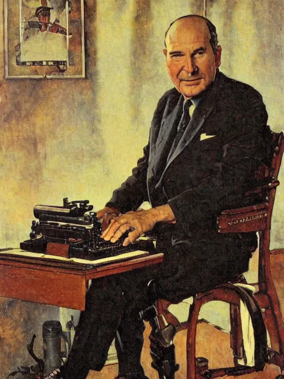 Prompt: portrait of robert a heinlein sitting at a typewriter, in a style blend of norman rockwell and frederick remington and mort kunstler, oil painting, volumetric lighting, intricate details