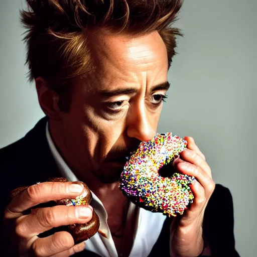 Image similar to Robert Downy Jr. eating a donut, 4k