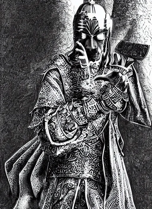 Image similar to Snoop Dogg as a knight, highly detailed, black and white, manga, art by Kentaro Miura