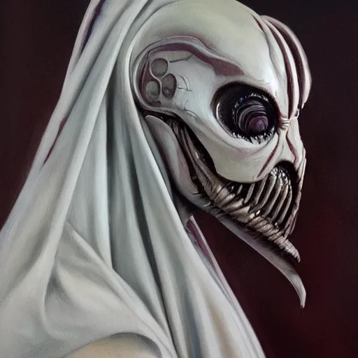 Image similar to a realistic painting by Raffaello Sanzi depicting the Valak with the head of the symbiotic Xenomorph in the Renaissance era ,smooth,Sharp focus, realism, trending on Artstation.