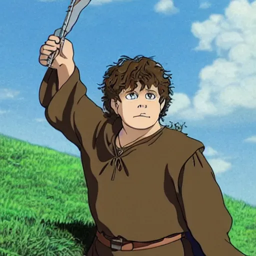 Image similar to samwise gamgee from the anime lord of the rings (1986), studio ghibli, very detailed, realistic