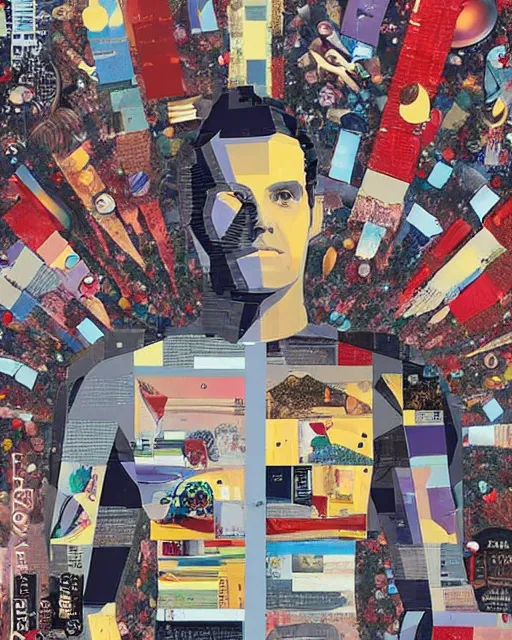 Image similar to A contemporary artistic collage, made of random shapes cut from fashion magazines, science magazines, and textbooks, of 2001: A Space Odyssey film poster.