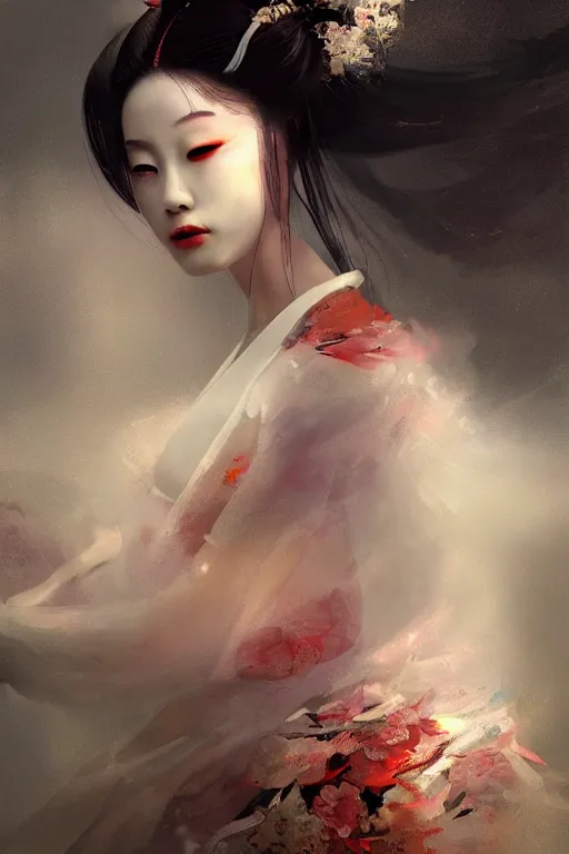 Image similar to geisha prima ballerina, gorgeous, ethereal, intricate, elegant, volumetric lighting, nature scenery, digital painting, highly detailed, artstation, sharp focus, illustration, concept art, ruan jia, steve mccurry