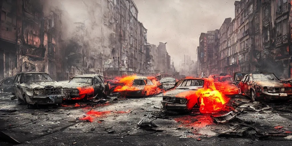 Image similar to post - apocalyptic kreuzberg streets, burned cars, explosions, colorful smoke, hyperrealistic, gritty, damaged, dark, urban photography, photorealistic, high details