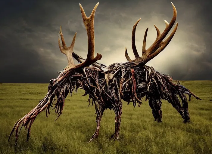 Image similar to photograph of a horrifying nature monster made of animal parts, tree parts, bones, antlers and an extremely long neck, in a meadow, nightmare, designed by ken barthelmey, dramatic lighting, full frame photography