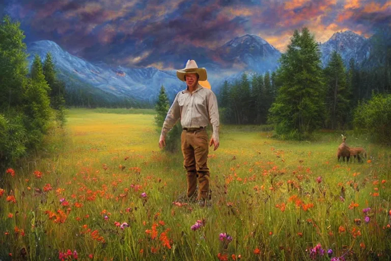 Image similar to a creature called XJVAIJOVIAJ standing in a calming meadow, created by Mark Keathley