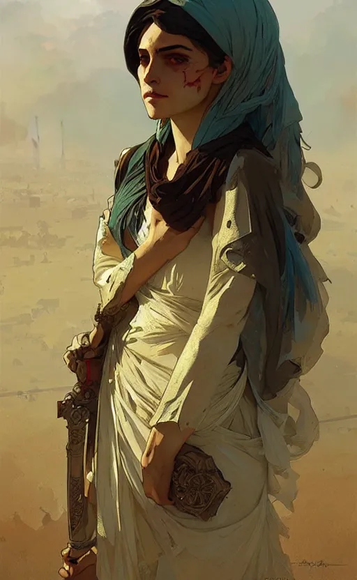 Image similar to a personification of the country syria, highly detailed, digital painting, artstation, concept art, sharp focus, illustration, art by greg rutkowski and alphonse mucha