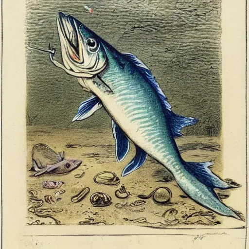 Image similar to a fish eating a small fish by john tenniel