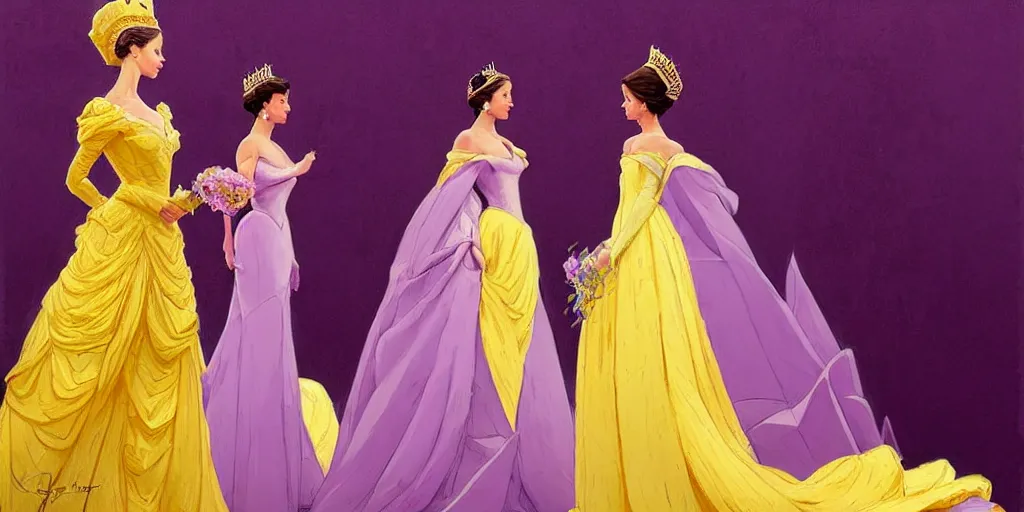 Prompt: portrait of princess sophia is dressed in purple, and the other girl is dressed in yellow. they are all beautiful, elegant and detailed. there are beautiful vases beside them, by greg rutkowski, by greg tocchini, by james gilleard, by joe gb fenton, by in kaethe butche