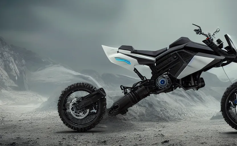 Prompt: futuristic suzuki, dakar motorbike, symmetrical mechanical features, off - road, designed by professional, fog and dirt, industrial design, northen lights background, brushed white and blue paint, black wheel rims, hard surfaces modelling, show room scene, dramatic lighting, hyper realistic rendering, octane, depth of field, bokeh effect, 1 5 0 mm, 4 k