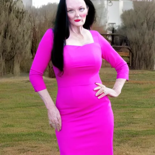 Image similar to morticia adams wearing a pink dress