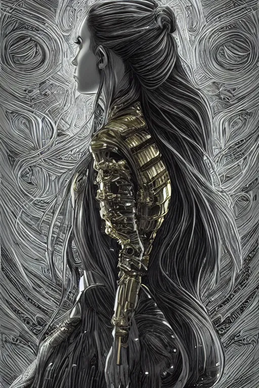 Prompt: gold and silver tones, cybernetic princess, style of moebius, james jean, mcbess, star wars, long glowing ethereal hair, cinematic, highly detailed, award winning, 8 k photorealistic