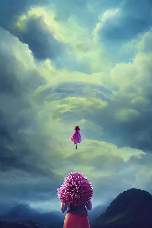 Image similar to closeup giant dahlia flower over the head, girl standing on mountain, surreal photography, blue storm clouds, dramatic light, impressionist painting, digital painting, artstation, simon stalenhag