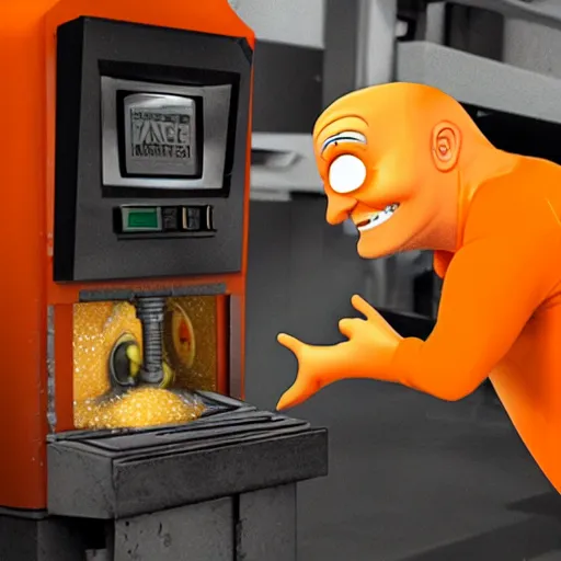 Prompt: The annoying orange being crushed under a hydraulic press