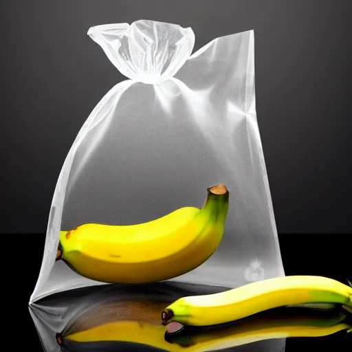 Prompt: a TRANSLUCENT bag containing a banana, black background