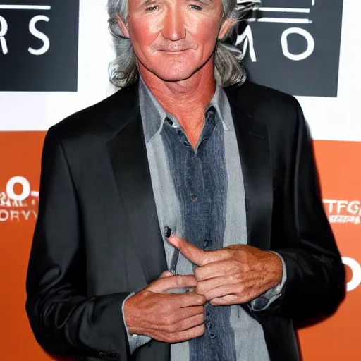 Image similar to patrick duffy mixed with iggy pop, he has very long straight grey hair, wearing a white shirt