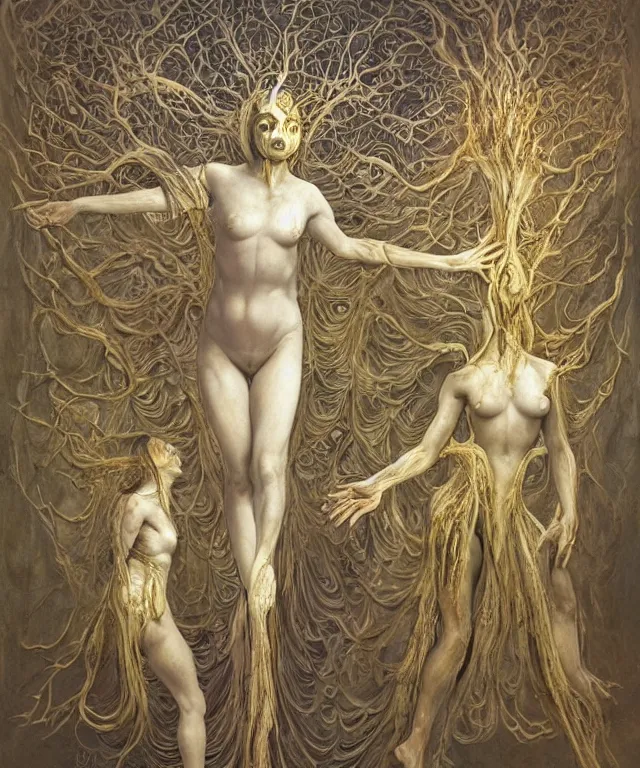 Image similar to Beautiful full-body wax sculpture of a glowing transparent infinite plant with women faces as leaves with visible gold bones covered with melted white wax inside the singularity where stars becoming baroque folds of dark matter of Samsara by Michelangelo da Caravaggio, Nicola Samori, William Blake, Alex Grey and Beksinski, dramatic volumetric lighting, highly detailed oil painting, the golden ratio intial composition, 8k, masterpiece