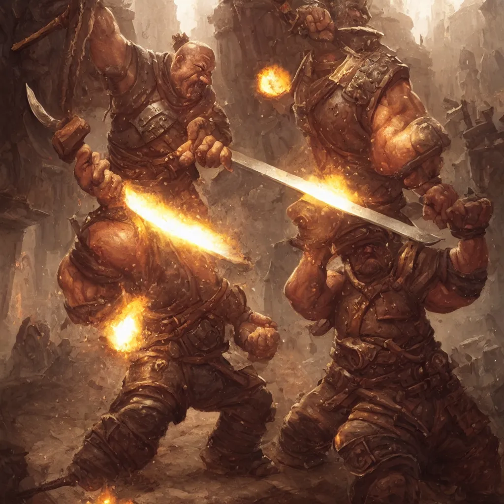 Prompt: a muscular dwarf blacksmith, wearing blacksmith clothing!!!!!!!, swinging hammer down forging a sword on an iron anvil, cinematic, epic, medieval, renaissance festival, realistic, by greg rutkowski, craig mullins, jeff easley, archvillain, titanforge, blizzard, hearthstone, mtg, wotc