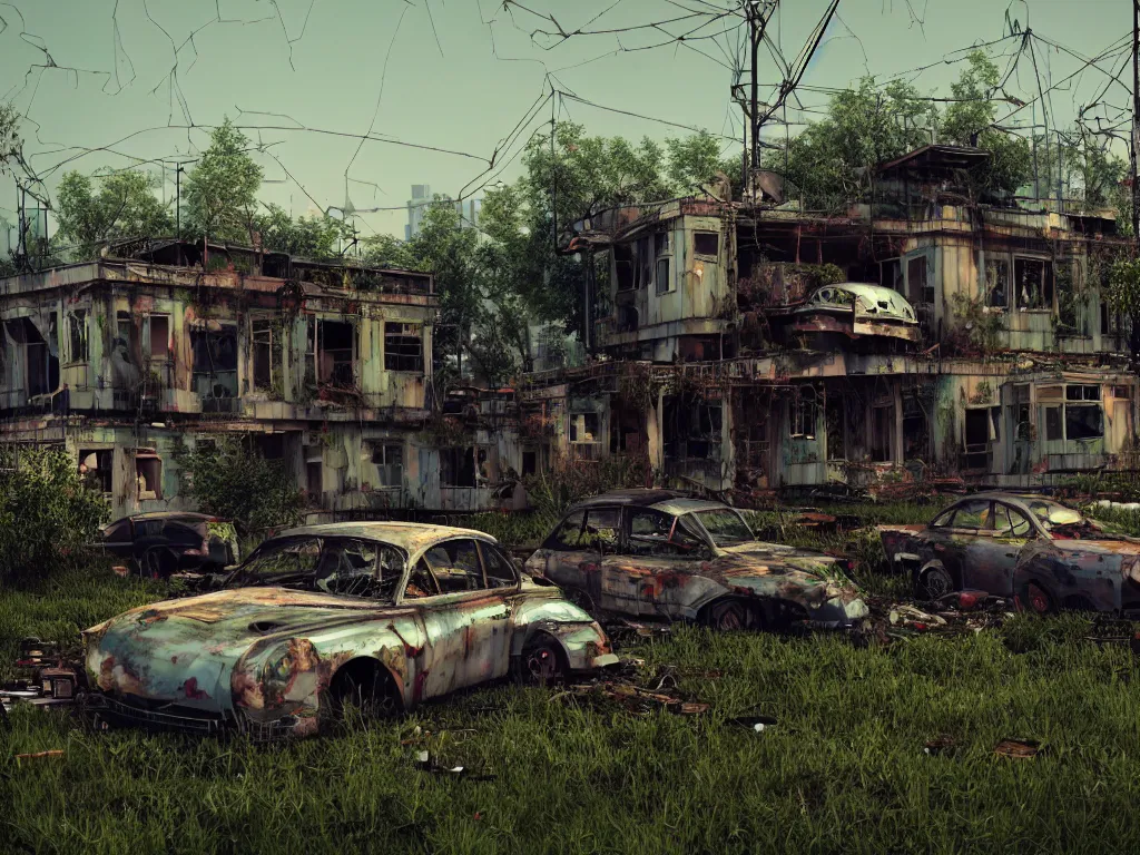 Image similar to beautiful house made from junkyard scrap parts, in an abandoned car lot overgrown, junk architectural, futuresynth, scrapyard architecture, blender, morning, ruined city in the background, trending on artstation