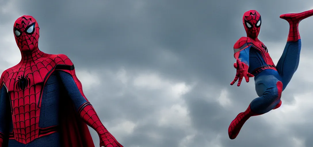 Image similar to Tom Hanks as Spider-Man, film still, wide-shot, full shot, cinematic lens, heroic portrait