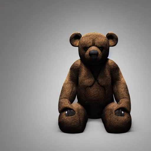 Image similar to brutalist teddy bear covered in oil, 8 k, 3 d octane render, unreal engine