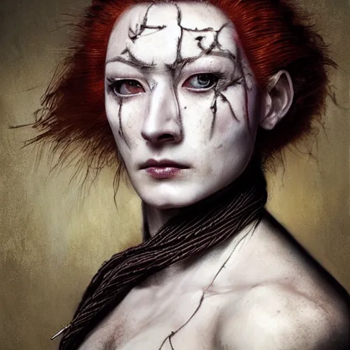 Image similar to portrait of a Shibari barbed wire wrapped face and neck, headshot, insanely nice professional hair style, dramatic hair color, digital painting, of a old 17th century, old cyborg merchant, amber jewels, baroque, ornate clothing, scifi, realistic, hyperdetailed, chiaroscuro, concept art, art by Franz Hals and Jon Foster and Ayami Kojima and Amano and Karol Bak,