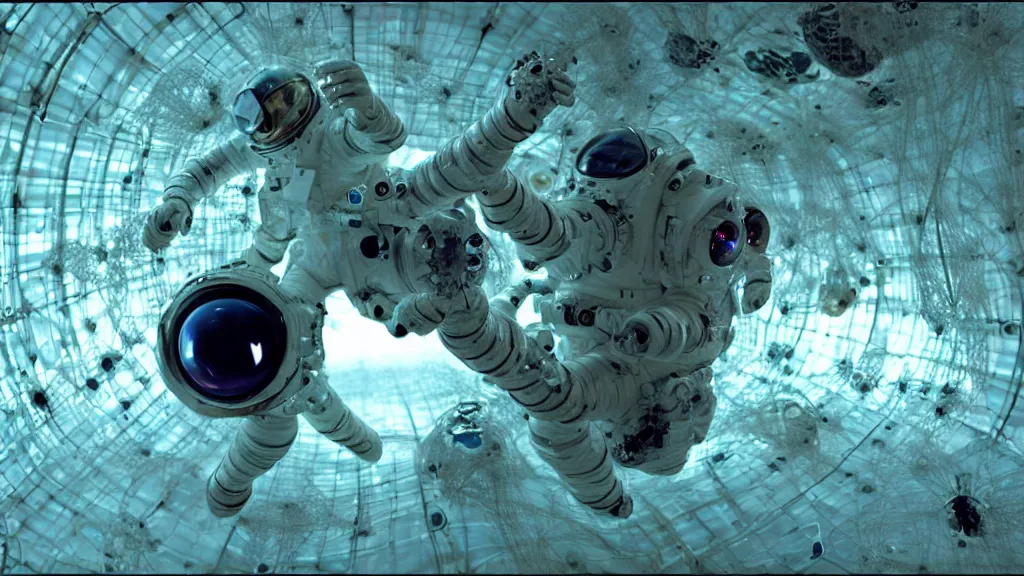 Image similar to a cybernetic symbiosis of a single astronaut eva suit swimming in infected with diamond 3d fractal lace iridescent bubble 3d skin covered with insectoid compound eye camera lenses floats through the living room, film still from the movie directed by Denis Villeneuve with art direction by Salvador Dalí, wide lens,