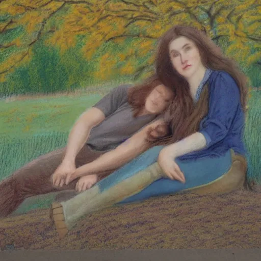 Prompt: long shot pastel of young man with long brown hair and woman with long light brown hair, laying under a tree looking at clouds autumn, ( ( ( wearing jeans ) ) ), by charles sillem lidderdale.