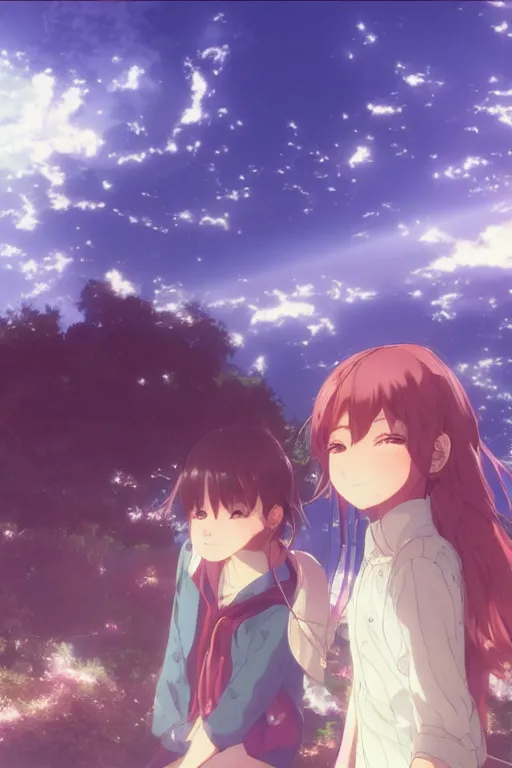 Image similar to Cute girls by Akihiko Yoshida and Makoto Shinkai, with backdrop of god rays
