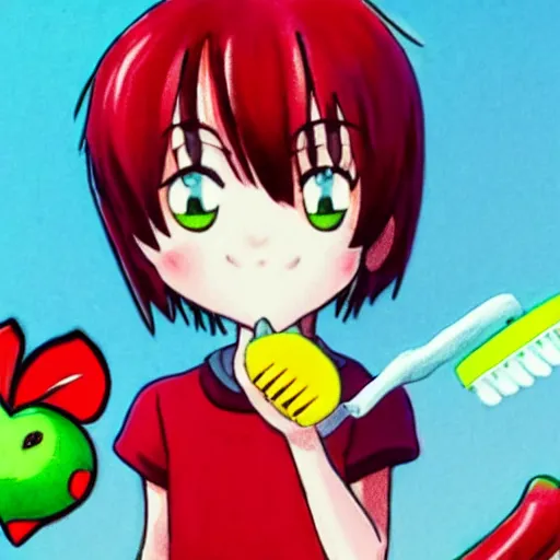 Image similar to a cute strawberry with two front teeth, holding a yellow toothbrush, in the style of shinji aramaki