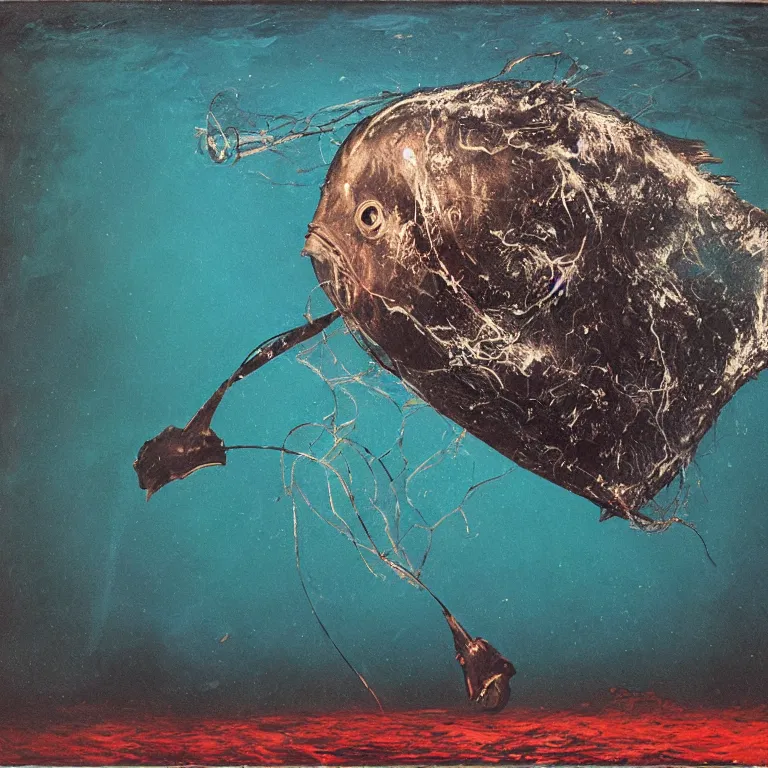 Image similar to Hyperrealistic Studio wet collodion Photograph of a deep sea humpback anglerfish deep underwater in darkness, award-winning nature deep sea expressionistic impasto oil painting by Cy Twombly and Tim Hawkinson vivid colors hyperrealism 8k