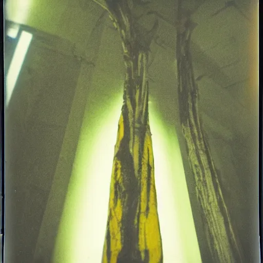 Image similar to color Polaroid of an extremely tall creature in a hallway with long limbs and yellow energy