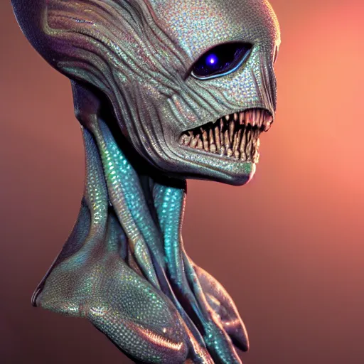 Prompt: skin concept alien, in full growth, mineral crystals instead of skin, magical crystals, smoky crystals, translucent crystals, luminous sparkling crystals, many details, 3 d, cinematic, hyper realism, high detail, octane render