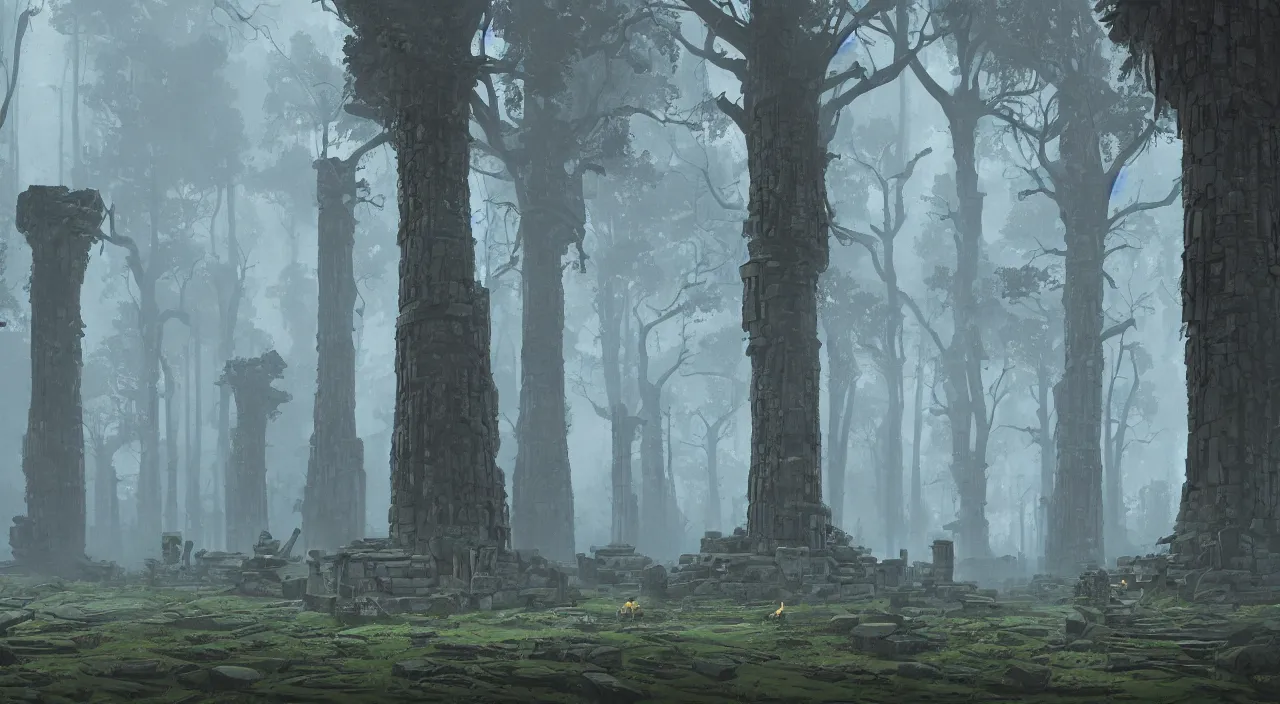 Prompt: monumental ruins in a dark and ancient forest, overcast sky, sci-fi digital painting by Simon Stalenhag