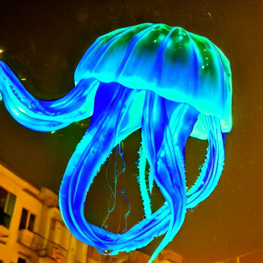 Prompt: at night, very close detailed closeup of big blue jellyfish glowing in the night,