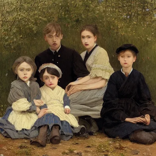 Prompt: a family portrait of a caucasian family from 2 0 0 9, all dressed in japanese streetwear, by albrecht anker, jules bastien - lepage, william henry hunt, beautiful painting, soft lighting